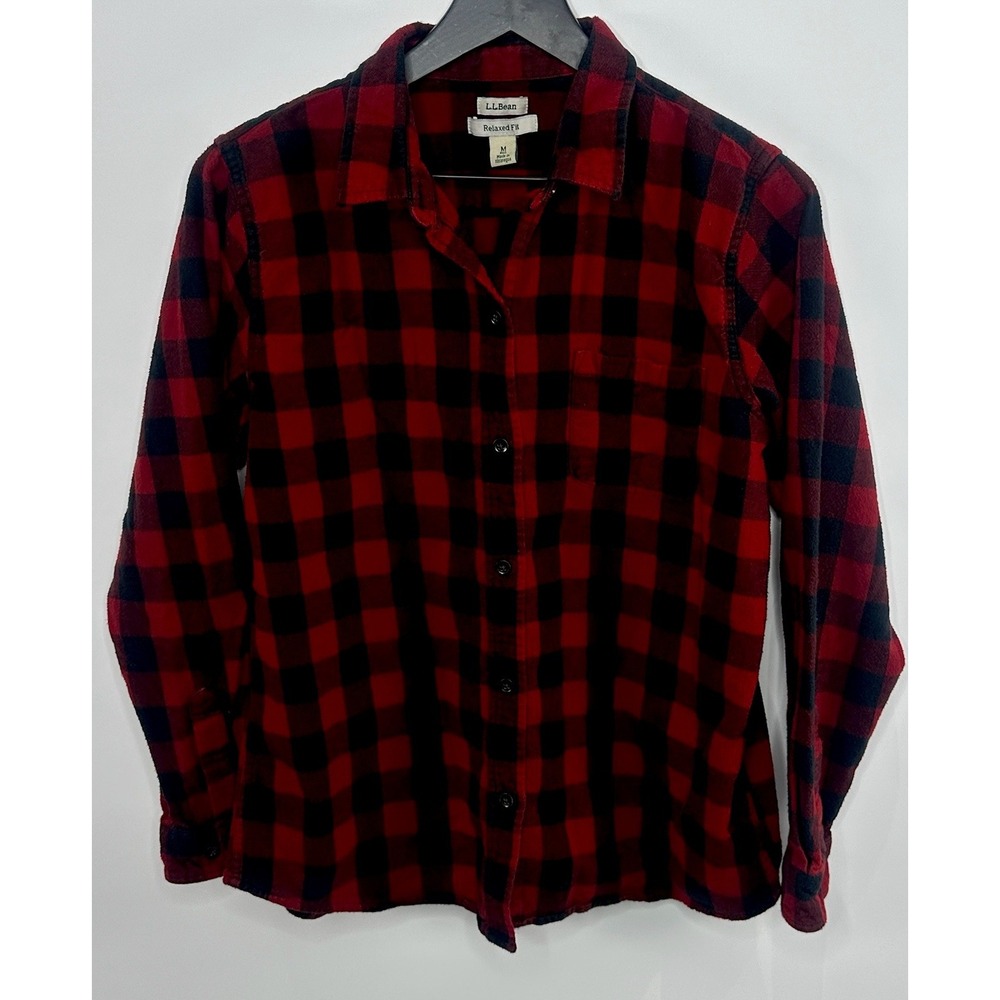VTG LL Bean Womens Red Black Plaid Cotton Flannel Button Down Shirt Relaxed M